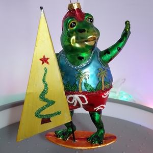 Wind Surfing Frog Ornament Blown Glass,Metal Sail, Glitter Palms